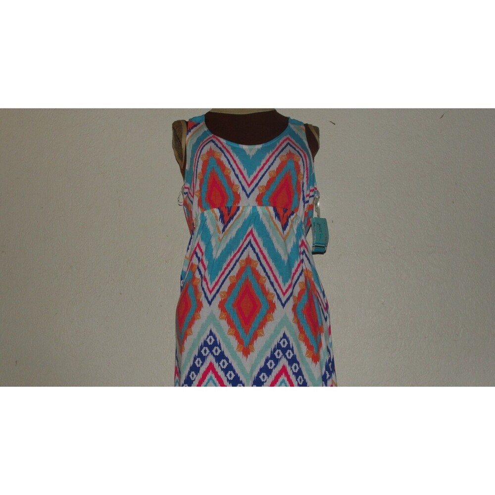 Women's SZ M Just Be blue aztec print sleeveless polyester blend MAXI DRESS